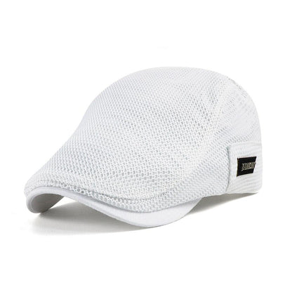 White mesh cap with a brand logo on a white background