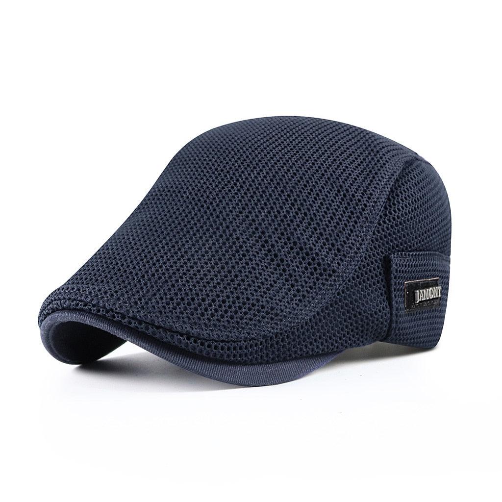 Navy blue mesh cap with a brand label on a white background