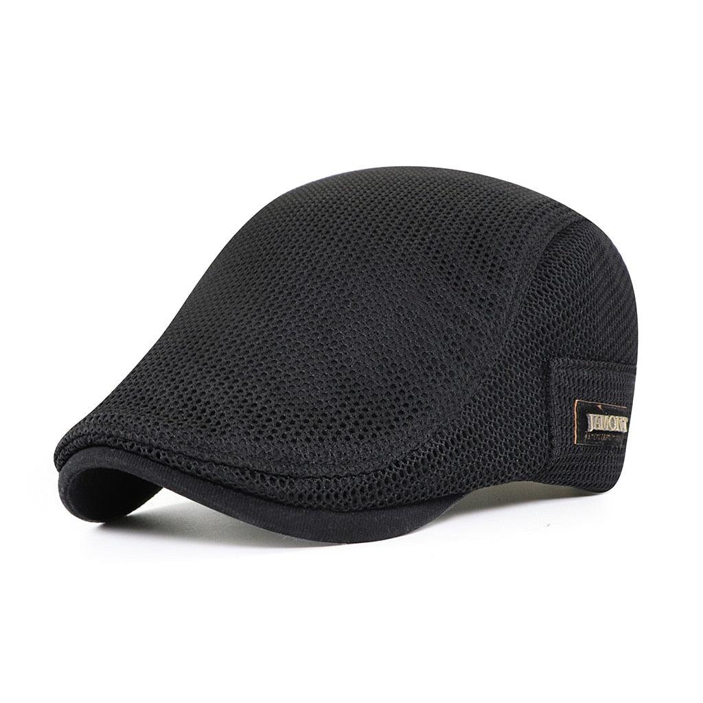 Black mesh cap with a brand logo on a white background