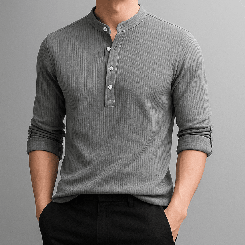 Męska Letnia Prążkowana Casual Guziki Henley Koszulka