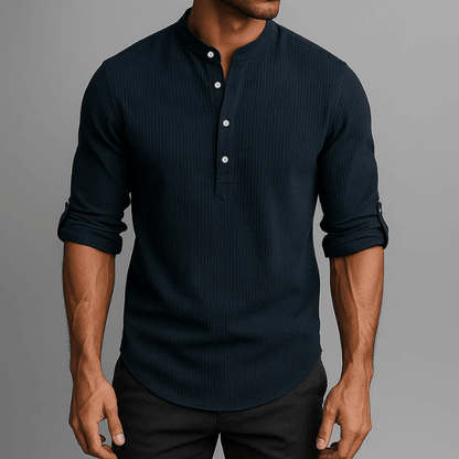 Męska Letnia Prążkowana Casual Guziki Henley Koszulka