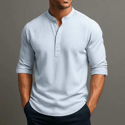 Męska Letnia Prążkowana Casual Guziki Henley Koszulka