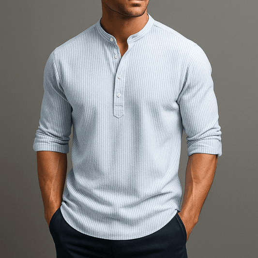 Męska Letnia Prążkowana Casual Guziki Henley Koszulka
