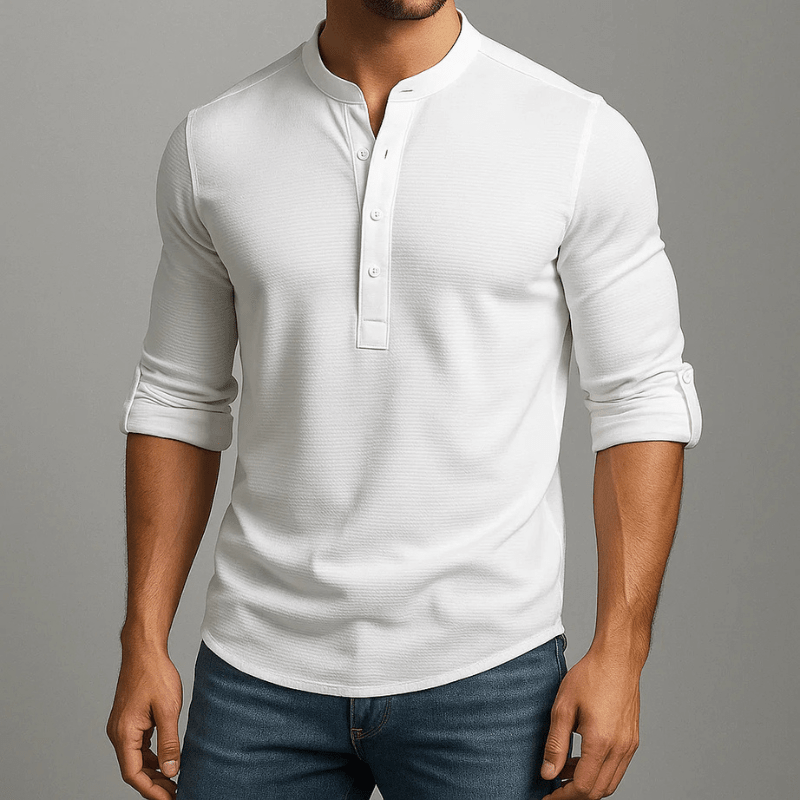 Męska Letnia Prążkowana Casual Guziki Henley Koszulka
