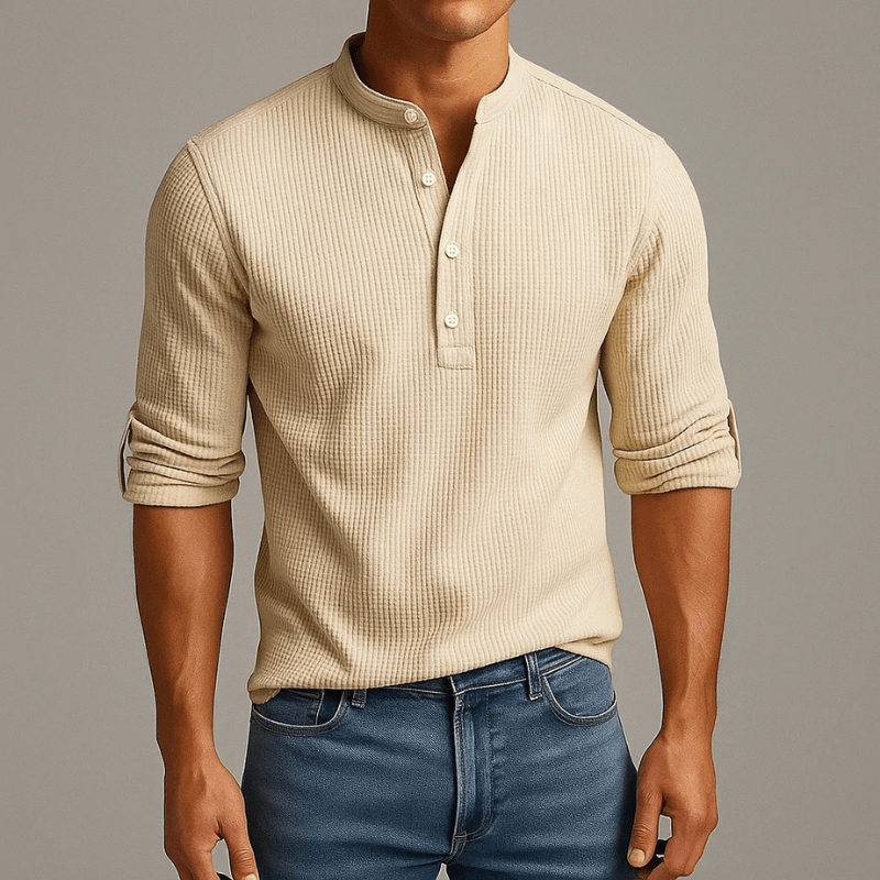 Męska Letnia Prążkowana Casual Guziki Henley Koszulka