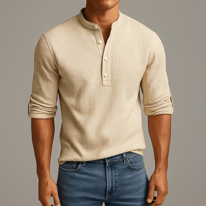 Męska Letnia Prążkowana Casual Guziki Henley Koszulka