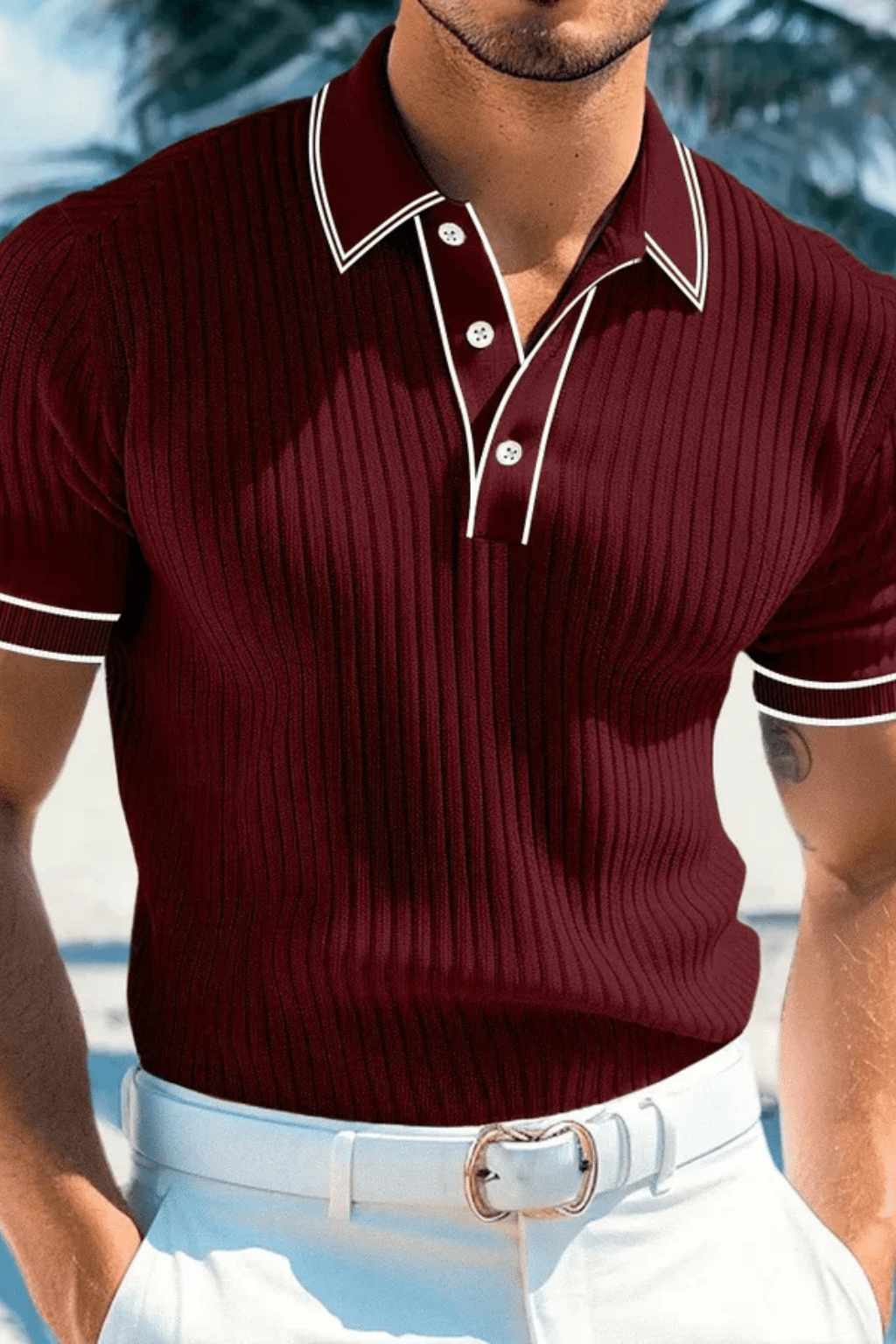 Męska Letnia Prążkowana Kontrastowy Kołnierz Koszulka Polo