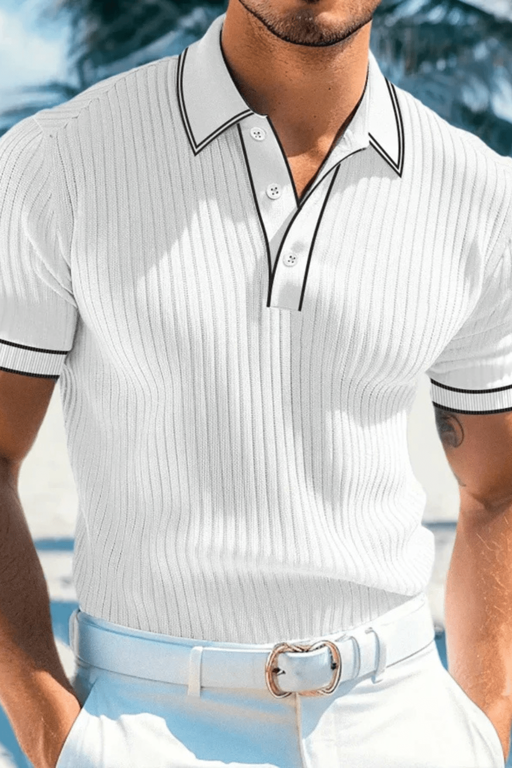 Męska Letnia Prążkowana Kontrastowy Kołnierz Koszulka Polo