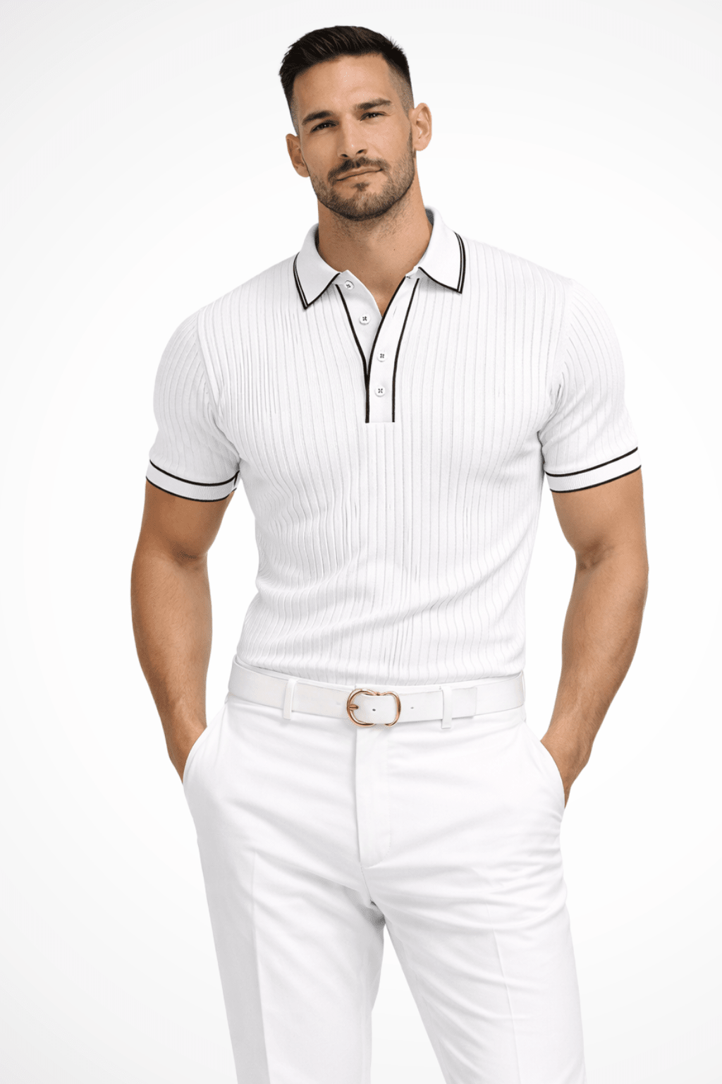 Męska Letnia Prążkowana Kontrastowy Kołnierz Koszulka Polo