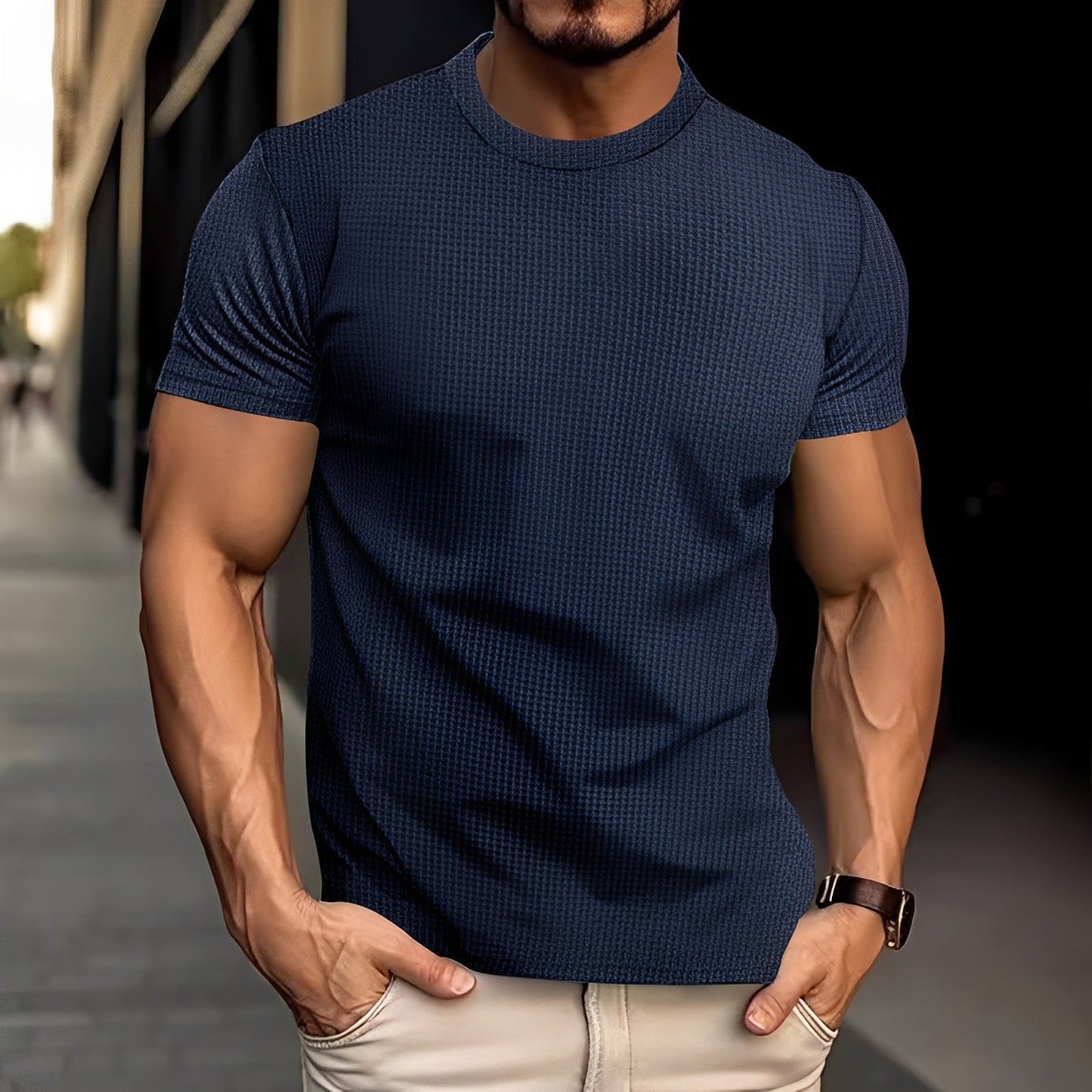 Męska Letnia Slim Fit Teksturowana Casual Koszulka