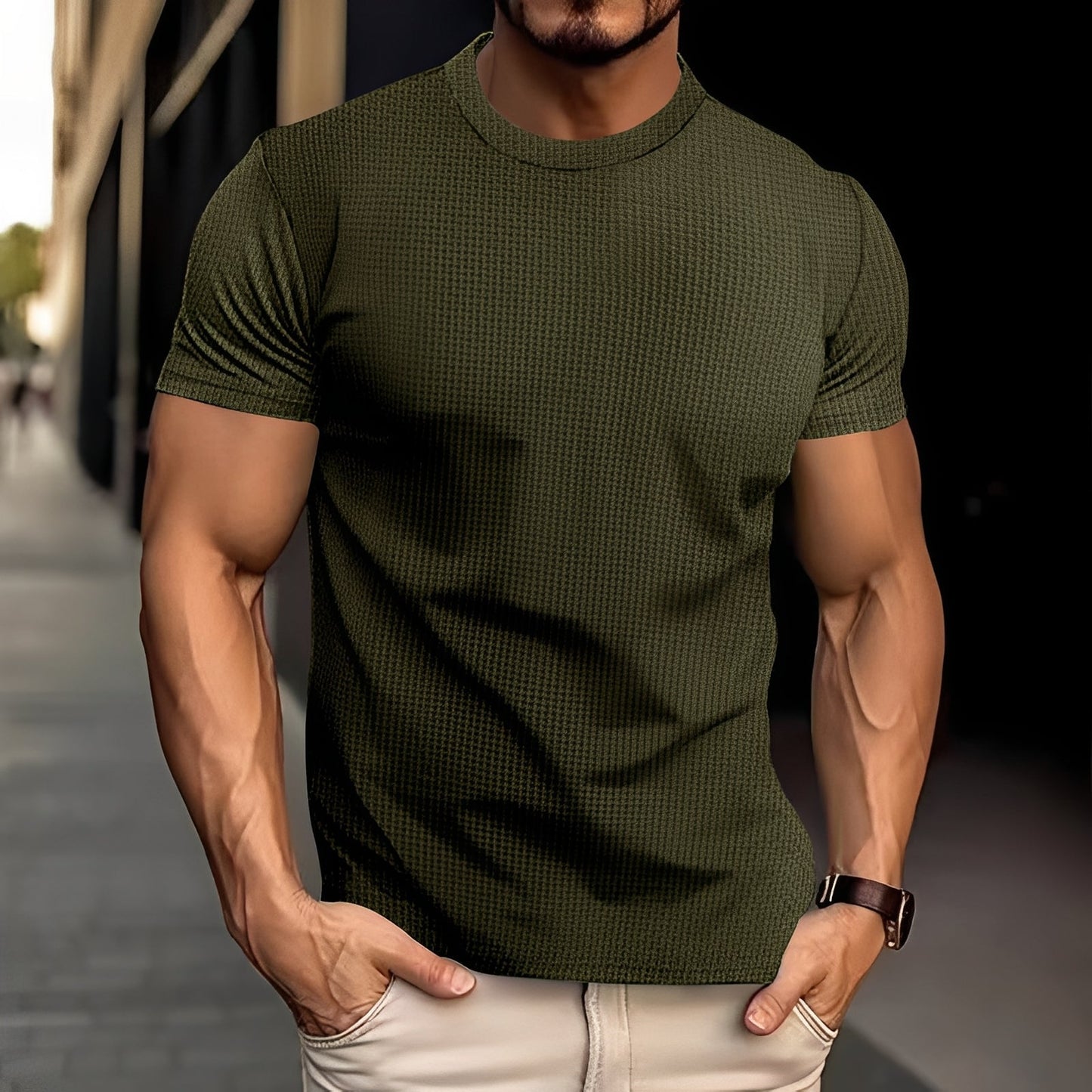 Męska Letnia Slim Fit Teksturowana Casual Koszulka