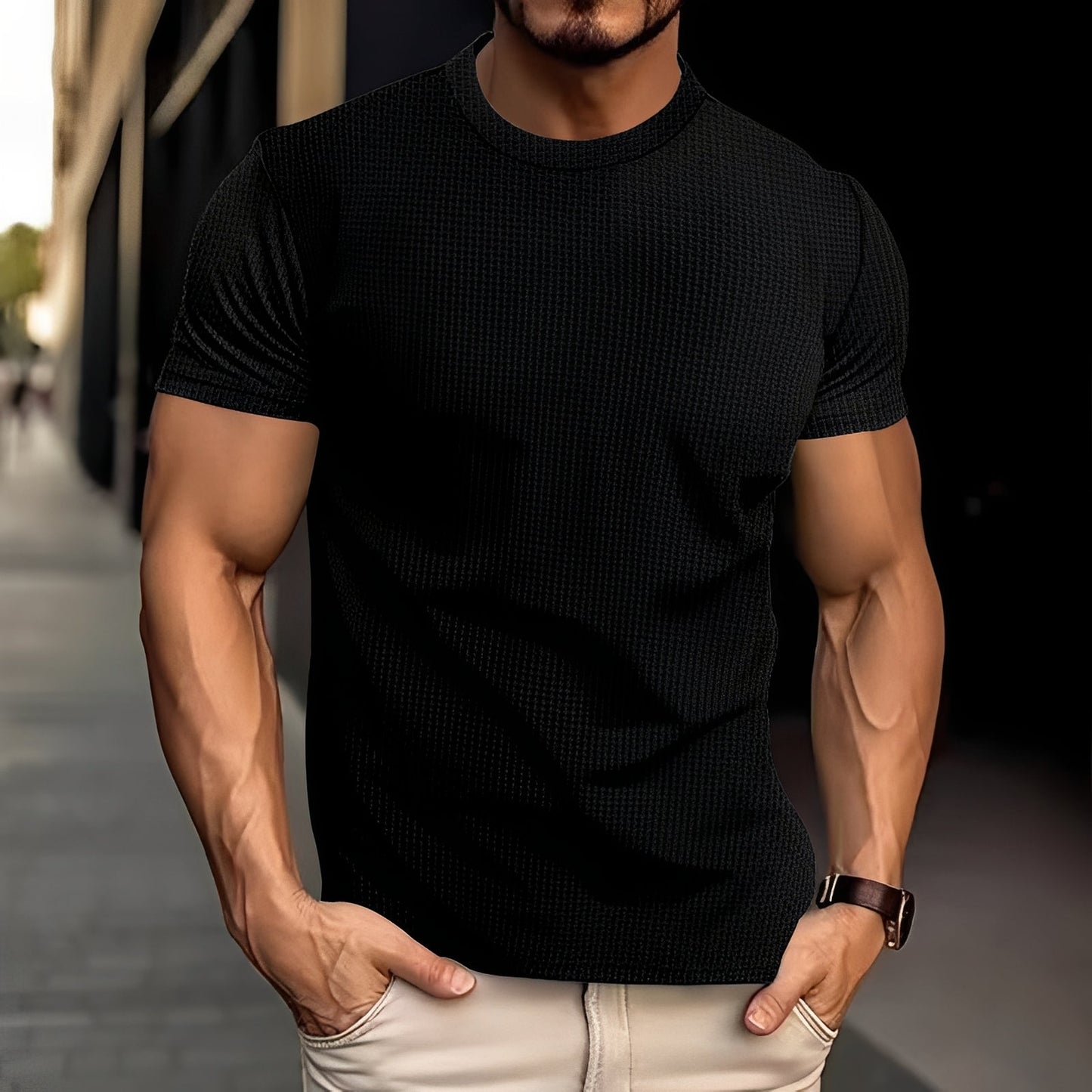 Męska Letnia Slim Fit Teksturowana Casual Koszulka