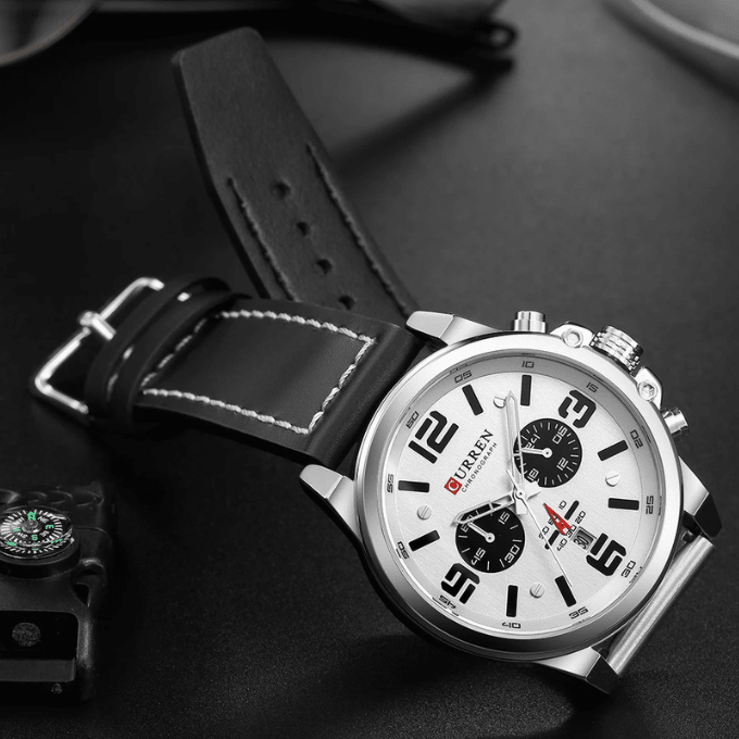 Męski Klasyczny Zegarek Chronograf z Paskiem Skórzanym