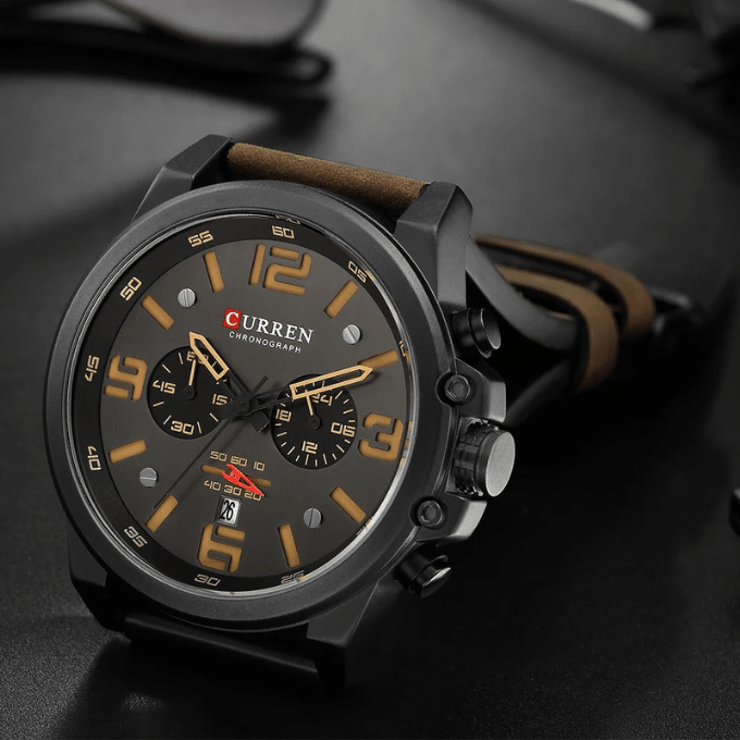 Męski Klasyczny Zegarek Chronograf z Paskiem Skórzanym