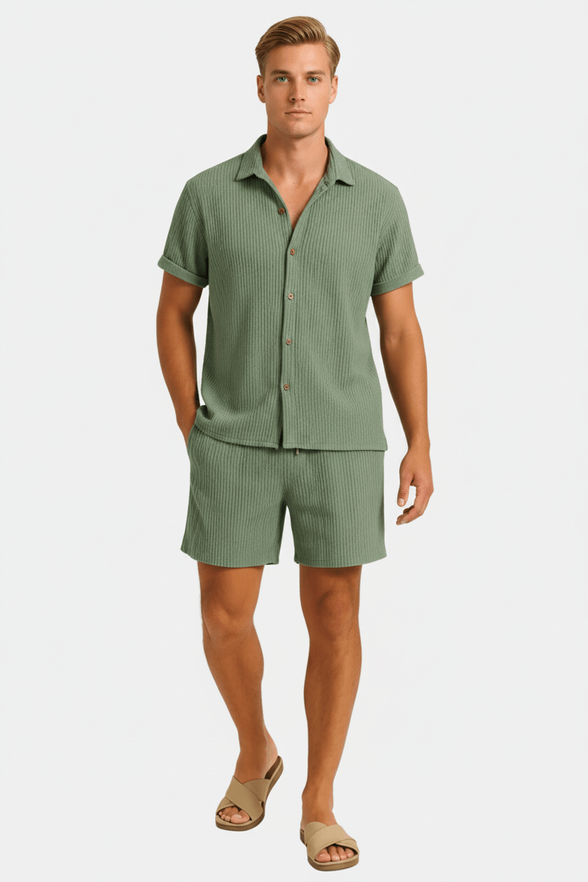 Man wearing a green textured shirt and shorts set on a white background