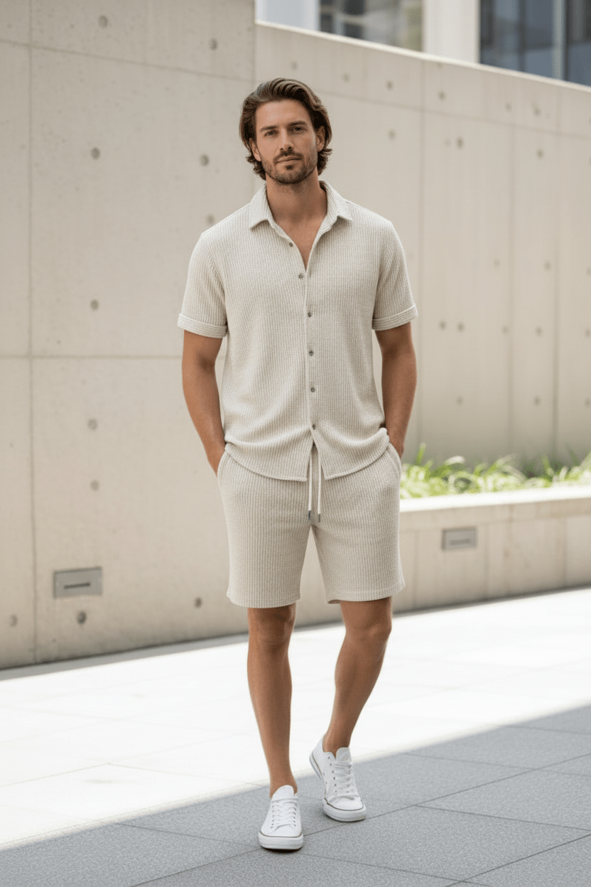 Man wearing a beige button-up shirt and shorts with white sneakers, standing against a light-colored wall.