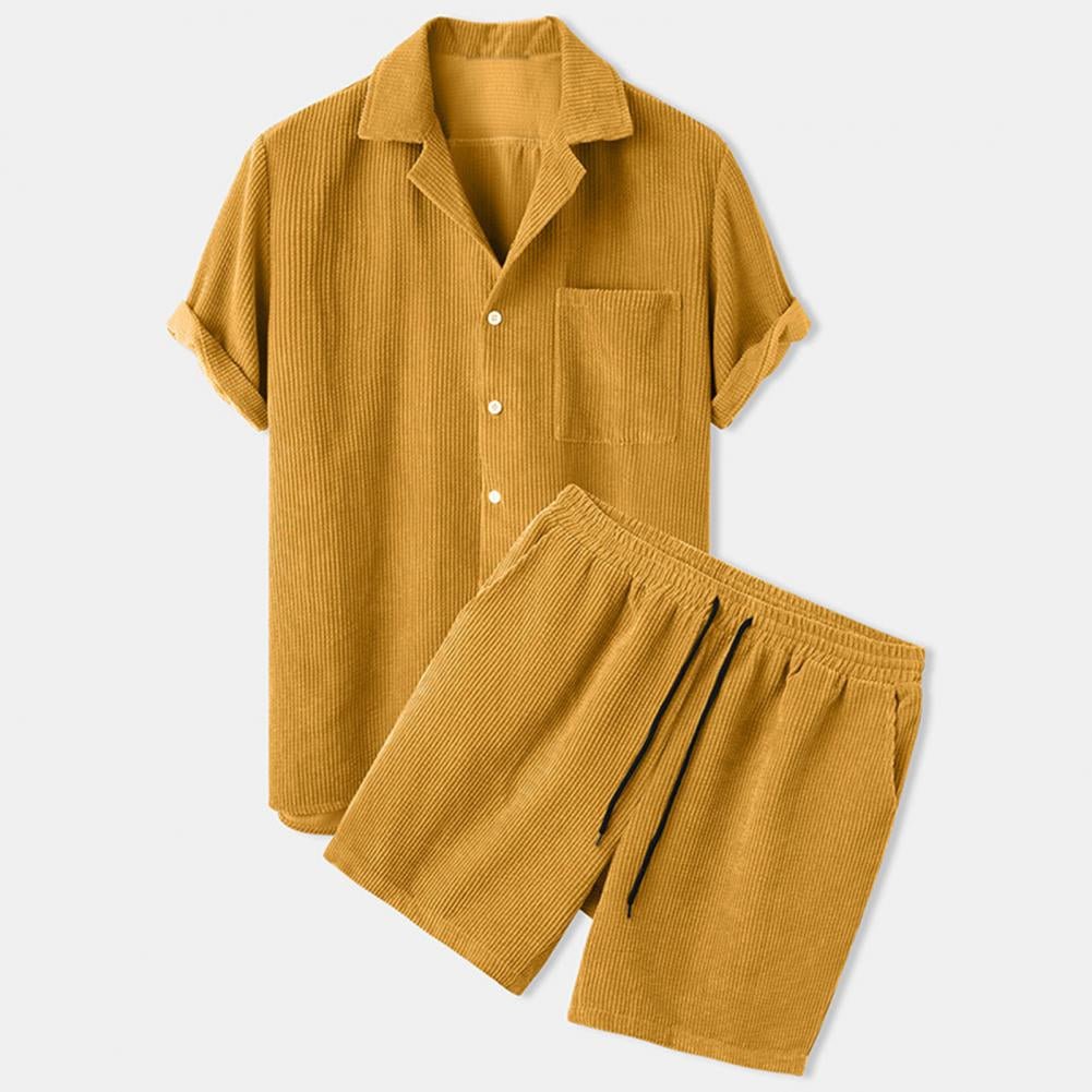Yellow corduroy shirt and shorts set on a white background