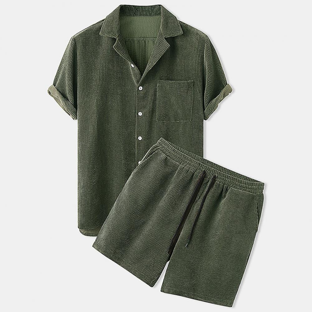 Green waffle-textured shirt and shorts set on a white background