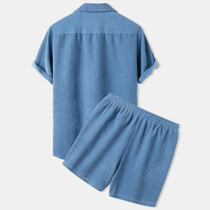 Blue striped shirt and shorts set on a white background
