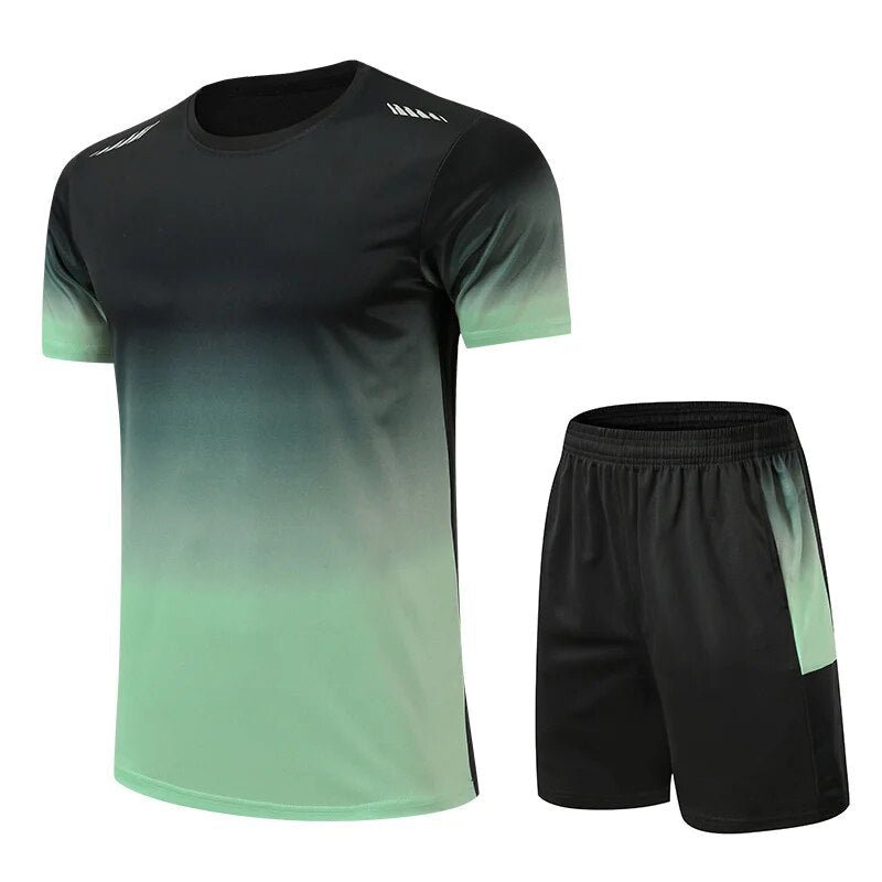 Gradient black to green t-shirt and shorts set on a white background