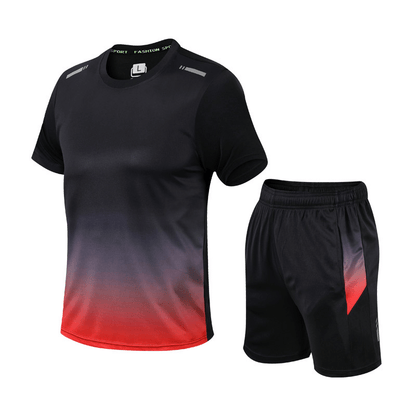 Black and red gradient athletic shirt and shorts set on a white background