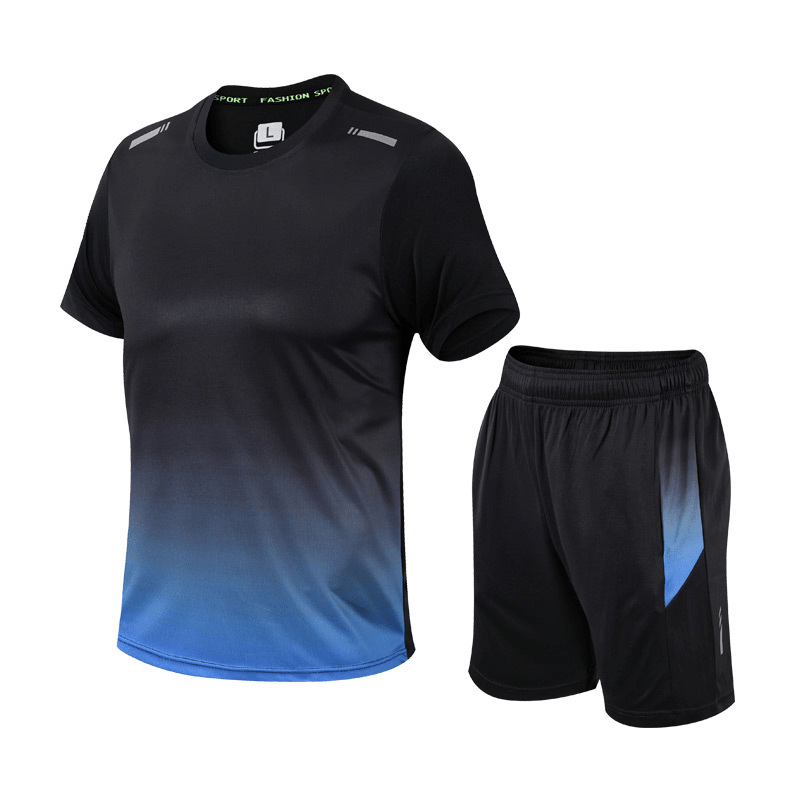 Black and blue gradient athletic shirt and shorts set on a white background