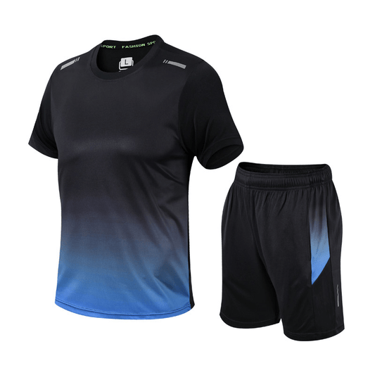 Black and blue gradient athletic shirt and shorts set on a white background