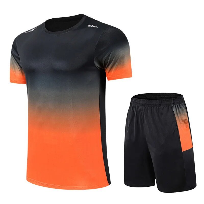 Black and orange gradient t-shirt and shorts set on a white background