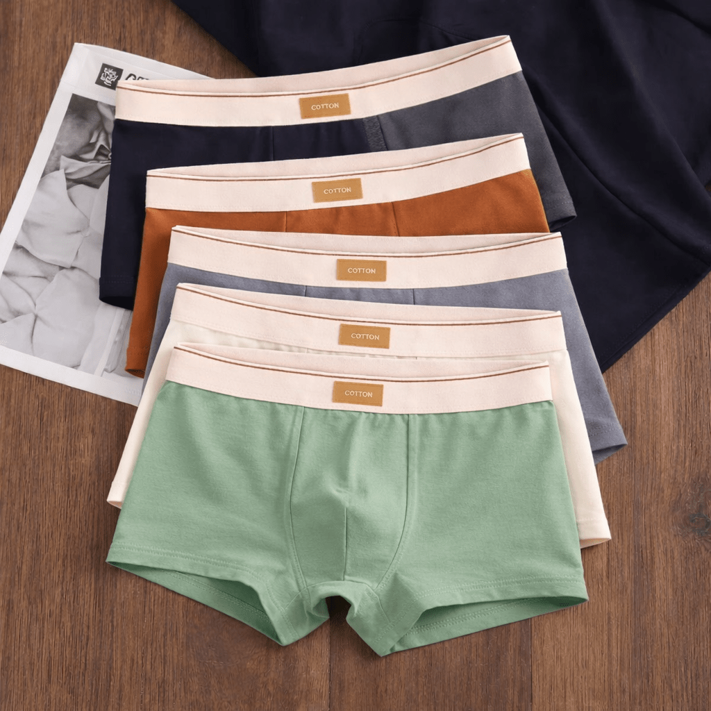 Set of men's underwear in various colors on a wooden surface with a newspaper.