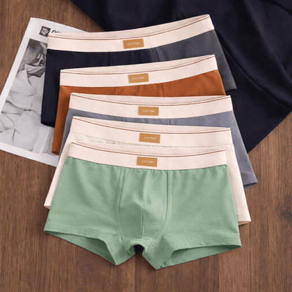 Set of men's underwear in various colors on a wooden surface with a newspaper.