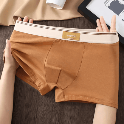 Brown underwear with a beige waistband held by hands on a wooden surface.