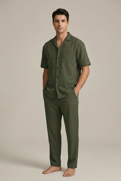 Męskie Letnie Casual Linen Oddychające Krótki Rękaw Koszula Spodnie Zestaw
