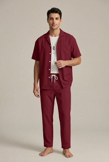 Męskie Letnie Casual Linen Oddychające Krótki Rękaw Koszula Spodnie Zestaw