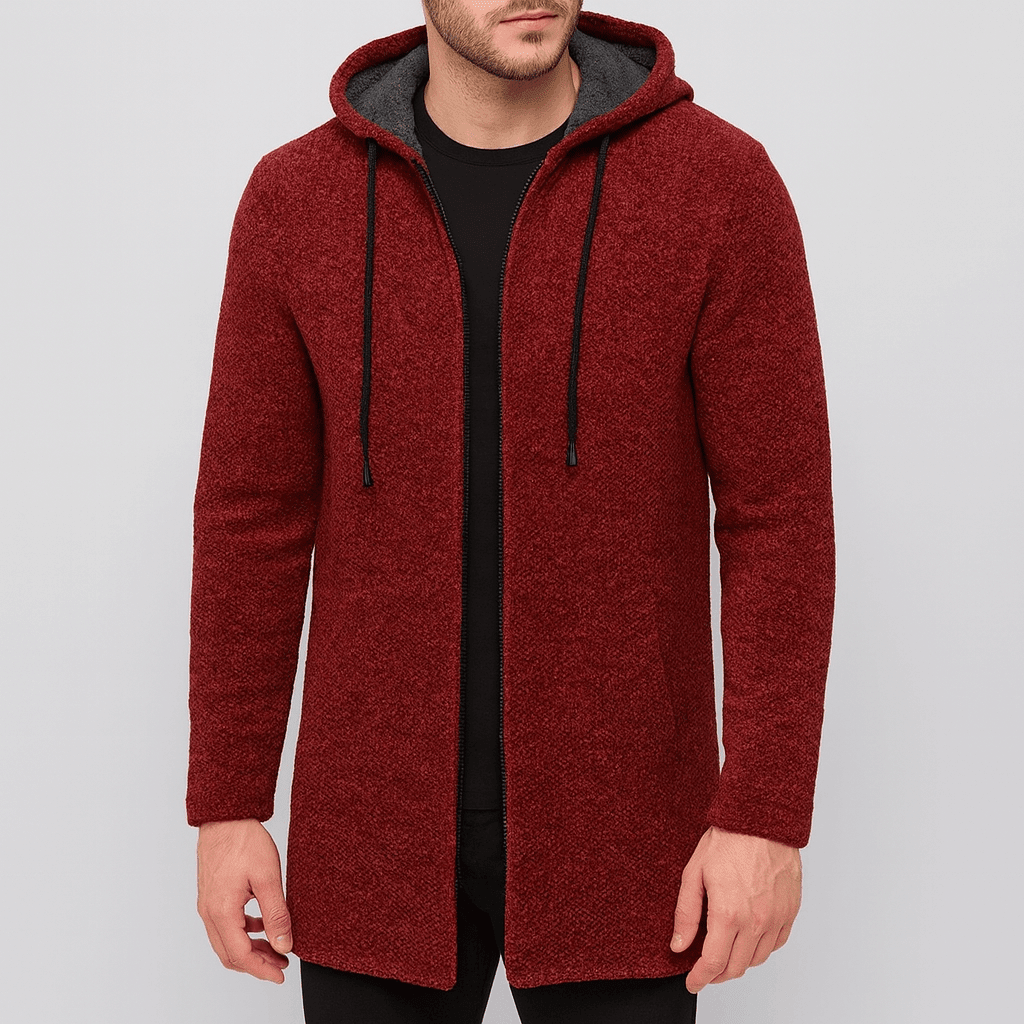 Red hooded coat worn by a person on a light gray background