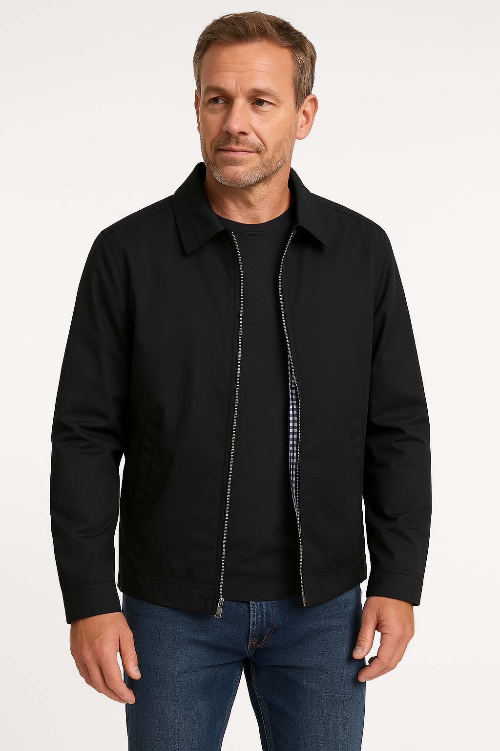 Man wearing a black jacket and blue jeans on a white background