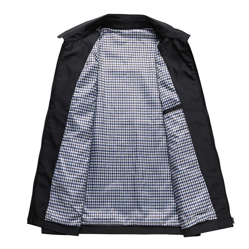 Black jacket with a plaid lining on a white background