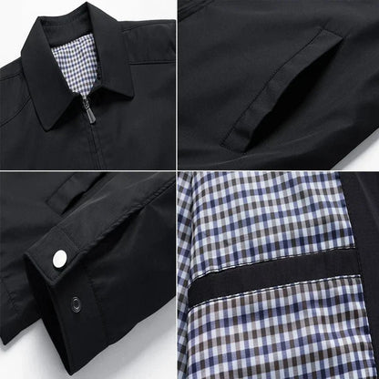 Collage of a black jacket with plaid lining and details.