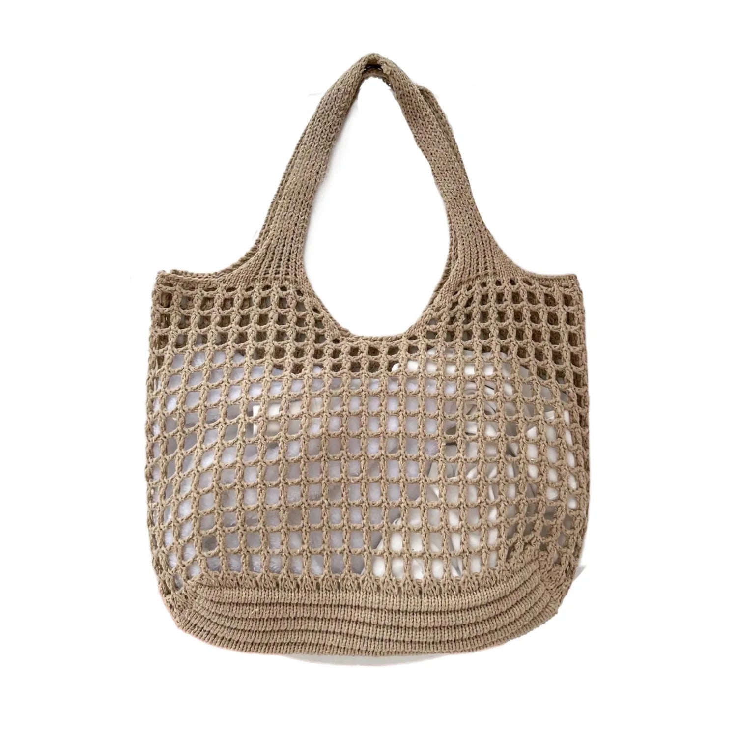 Beige woven handbag on a white background
