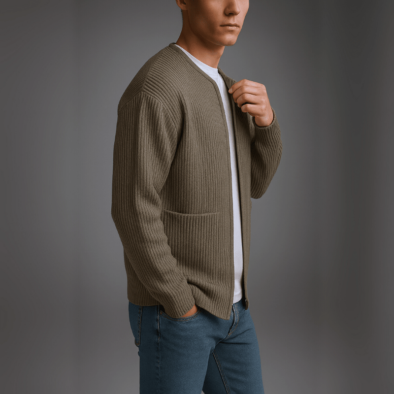 Person wearing a brown cardigan over a white shirt with blue jeans on a gray background