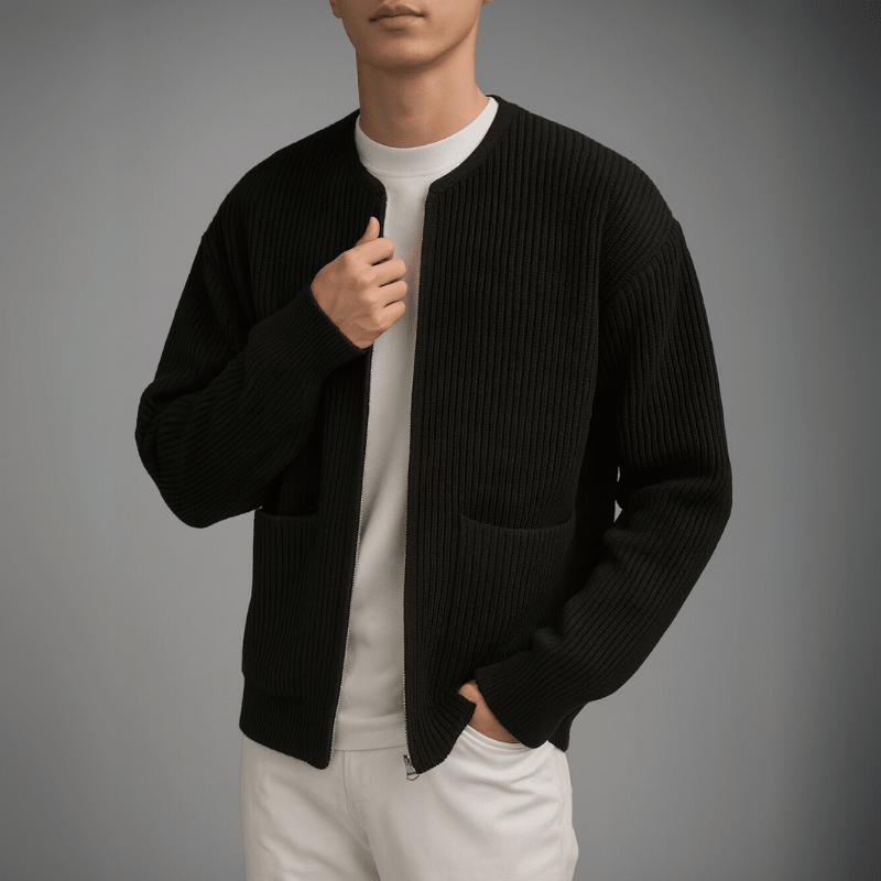 Person wearing a black ribbed sweater over a white shirt and pants on a gray background