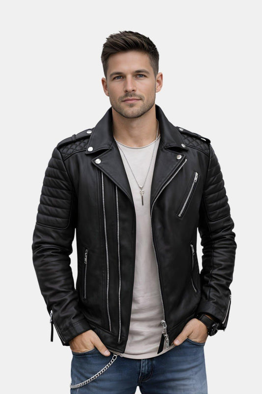 Veste motard matelassée en cuir de printemps (Homme)