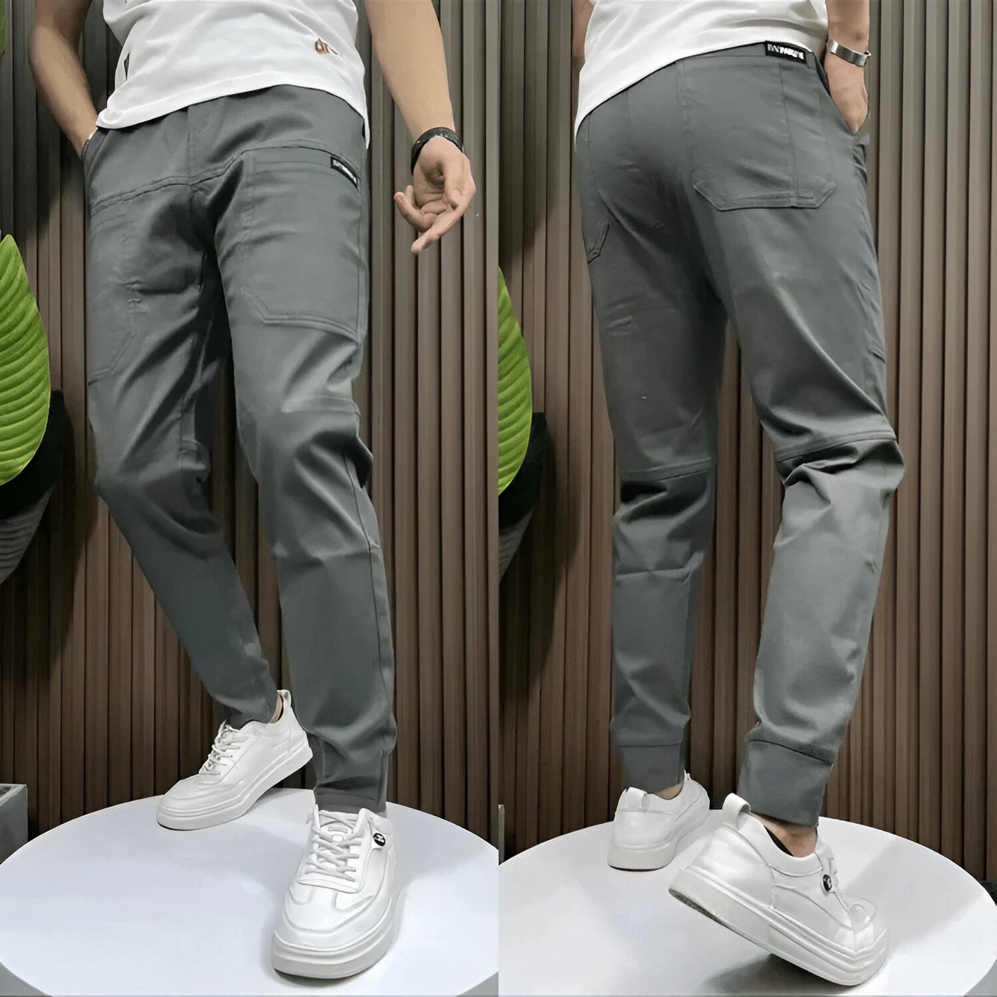 Person wearing gray pants and white sneakers, shown from front and back, on a neutral background.