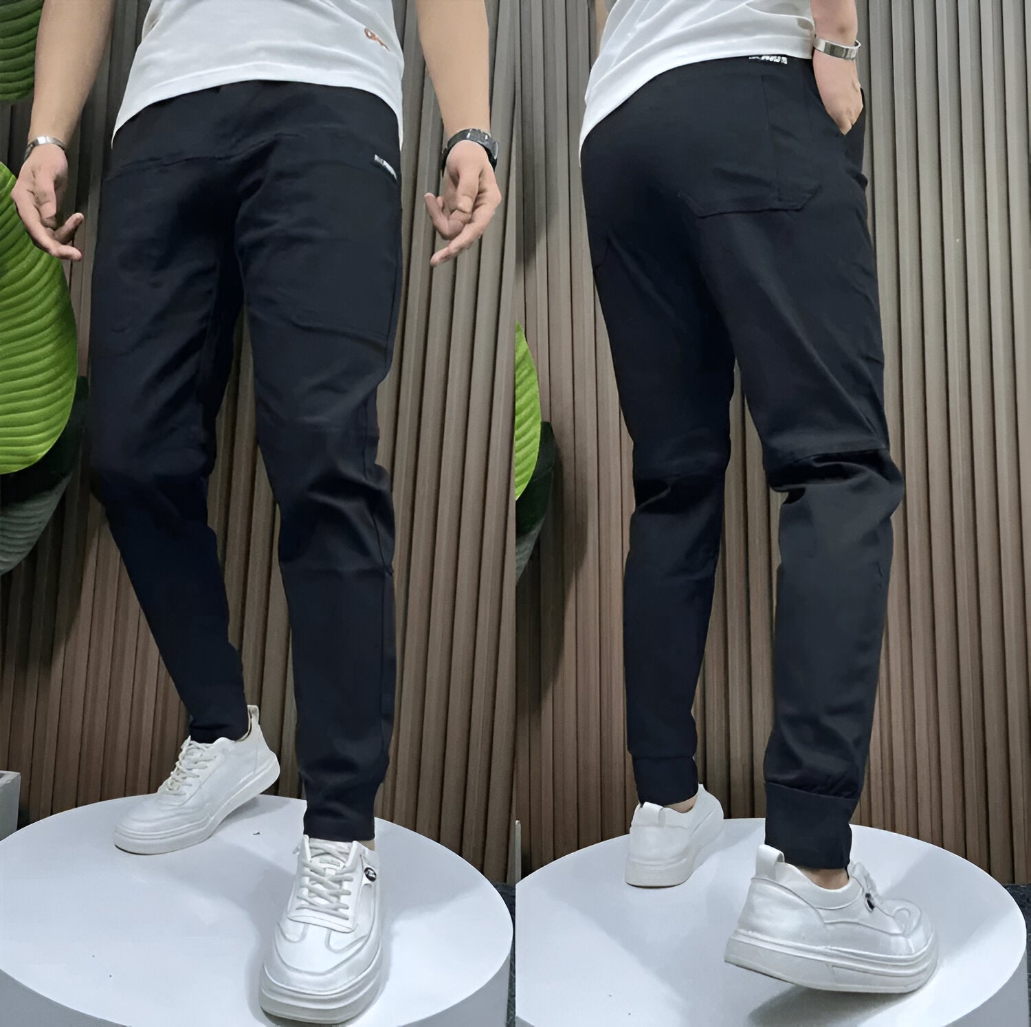 Two views of a person wearing black pants and white sneakers against a neutral background.
