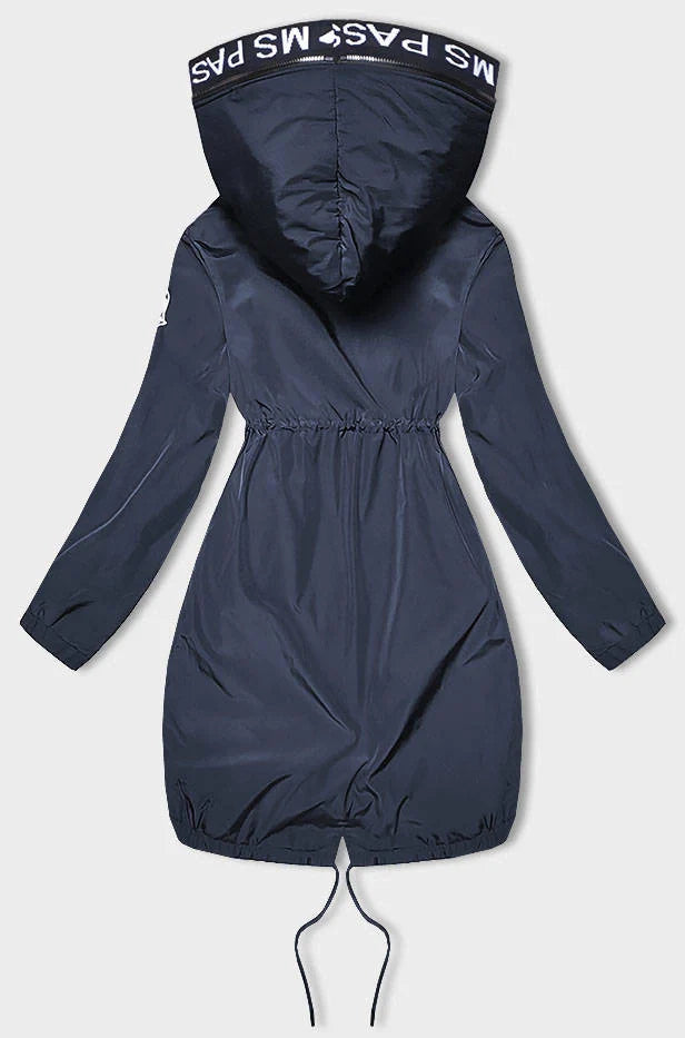 Navy blue hooded jacket with drawstring on a light gray background