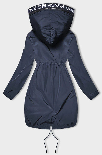 Navy blue hooded jacket with drawstring on a light gray background