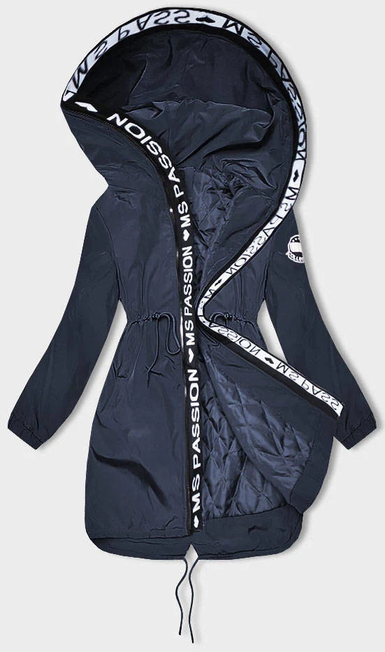 Navy blue jacket with white text on a light gray background