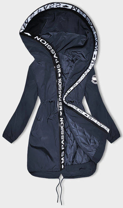 Navy blue jacket with white text on a light gray background