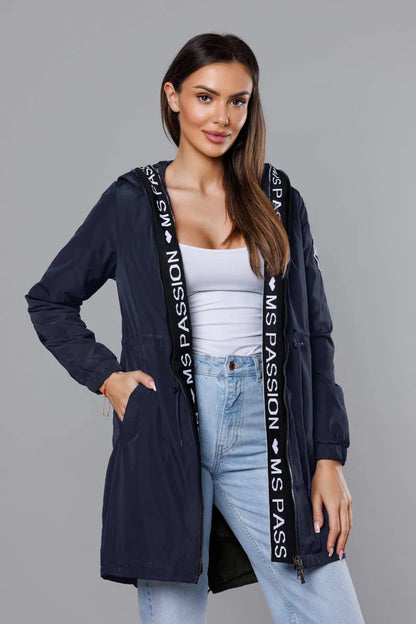 Woman wearing a navy blue jacket with 'MS Passion' branding on a gray background