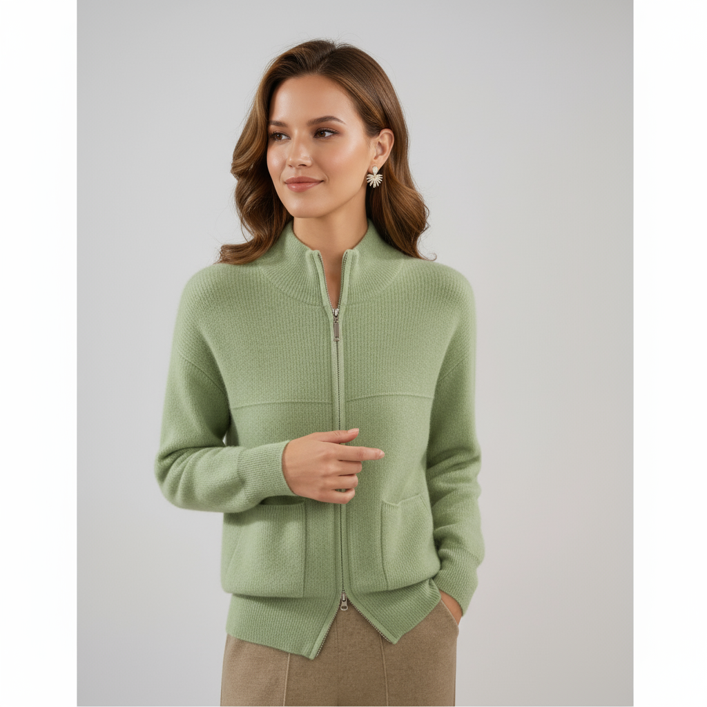 Woman wearing a light green zip-up sweater against a plain background