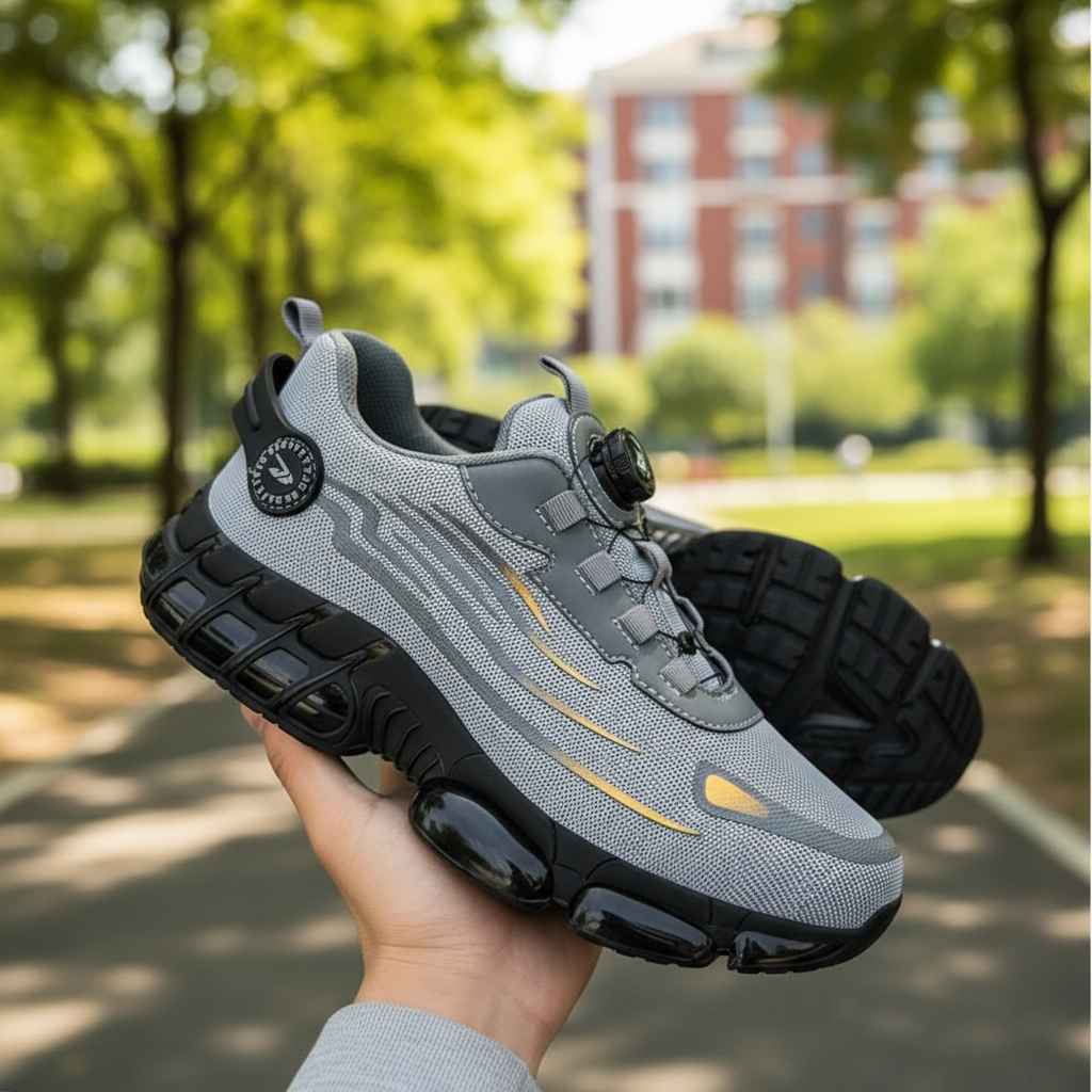 Gray and black sneaker with yellow accents held in a hand, outdoor background